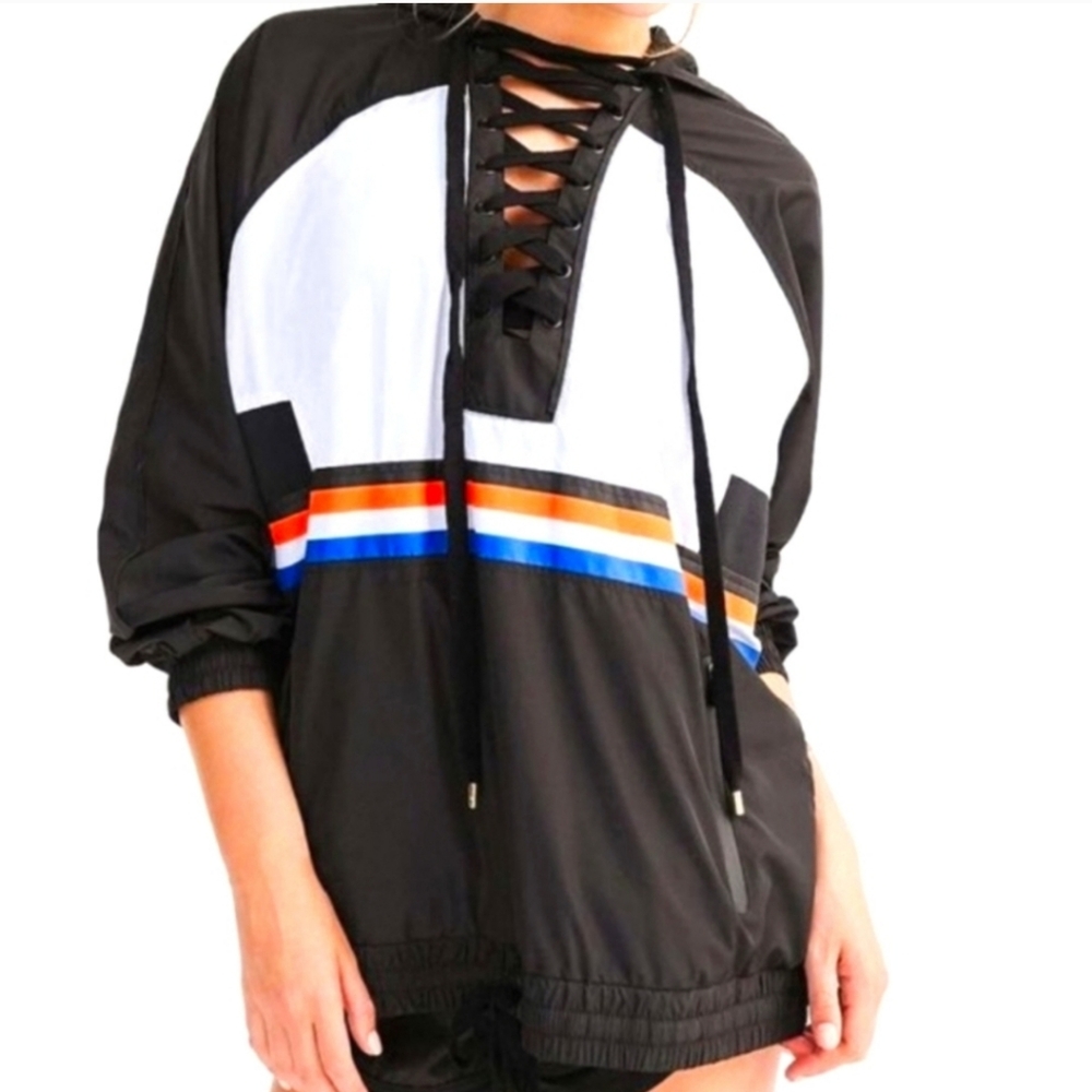P.E Nation Black Lace-Up Pullover Jacket with White and Retro Stripes